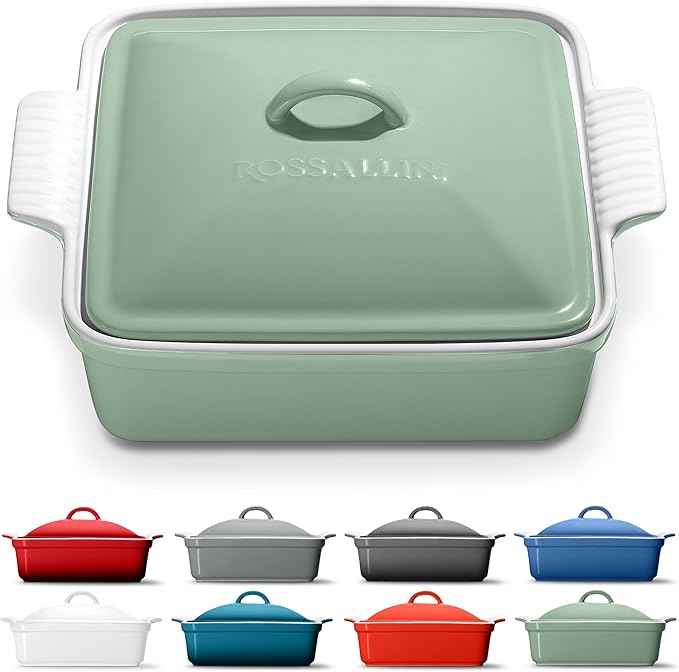 Stoneware Casserole Dish Bakeware with Lid | Covered Square Dinnerware | Large 2.5 Quart, [Sage Green]