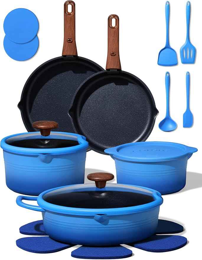 CAROTE 20Pcs Titanium Cookware Set, Pots and Pans Set Non Stick, Kitchen Cooking Set with Detachable Handle, Non Toxic Induction Cookware - Camping Cookware, Dishwasher/Oven Safe, Blue