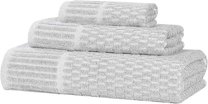 Superior Juno Viscose Cotton Blend Medium Weight Towels, for Bathroom, Shower, Spa, Plush, Quick Dry, Ultra-Soft Towels, Bath Essentials, Border Detail, 3 Piece Assorted Towel Set, Platinum