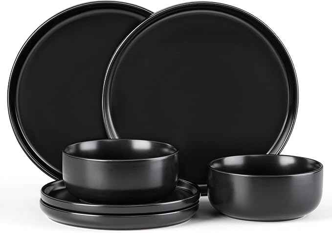 E-far Stoneware Dinnerware Sets for 2, 6-Piece Plates and Bowls Set, Modern Ceramic Dishes Dinning Ware, Microwave & Dishwasher Safe - Matte Black