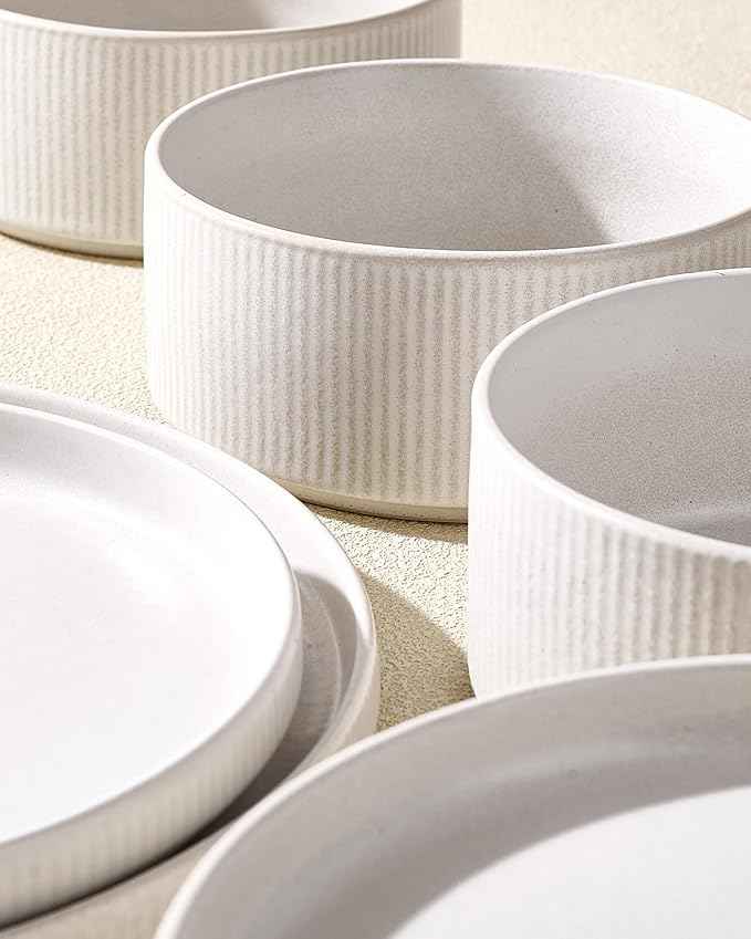 Stoneware Plates and Bowls Dishes Sets for 6 (18-Piece), Famiware Premium Handcrafted Reactive Glaze Dinnerware Set with Raised Rim, Scratch Resistant, Microwave Dishwasher Safe, Matte Reactive White
