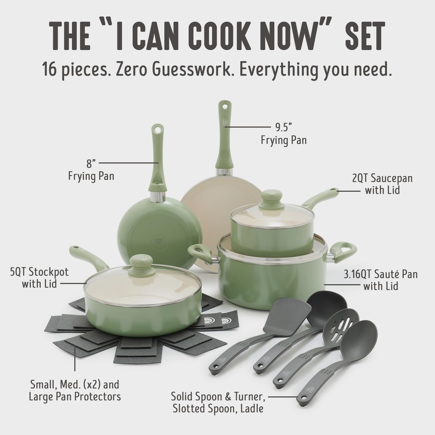 16pc Ceramic Nonstick Pots & Pans Cookware Set (16 Piece Cookware Set / Bloom / Sage Green)