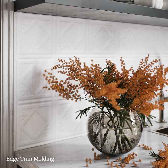 American Tin Ceilings Tin Backsplash [5-Pack with Trim Kit] in Pattern #19 and Bright White Satin Color 24" x 24" (20 Sq Ft) for Kitchens | Genuine Tin | Made in The USA | Model: kit-b-p19-wbs