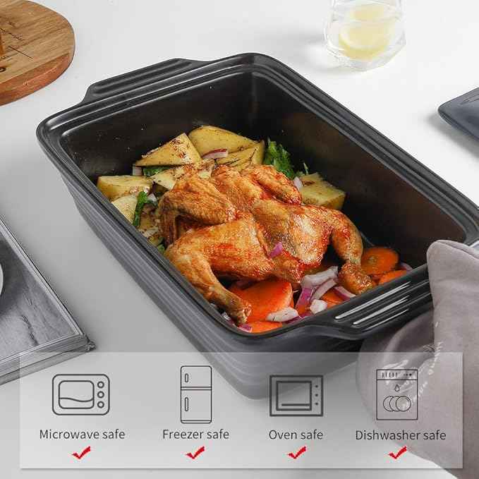 KOOV Ceramic Casserole Dish With Lid, Covered Rectangular Set, Lasagna Pan for Cooking, Baking Dish for Dinner, Kitchen, 9 x 13 Inches, Reactive Glaze (Gradient Grey)