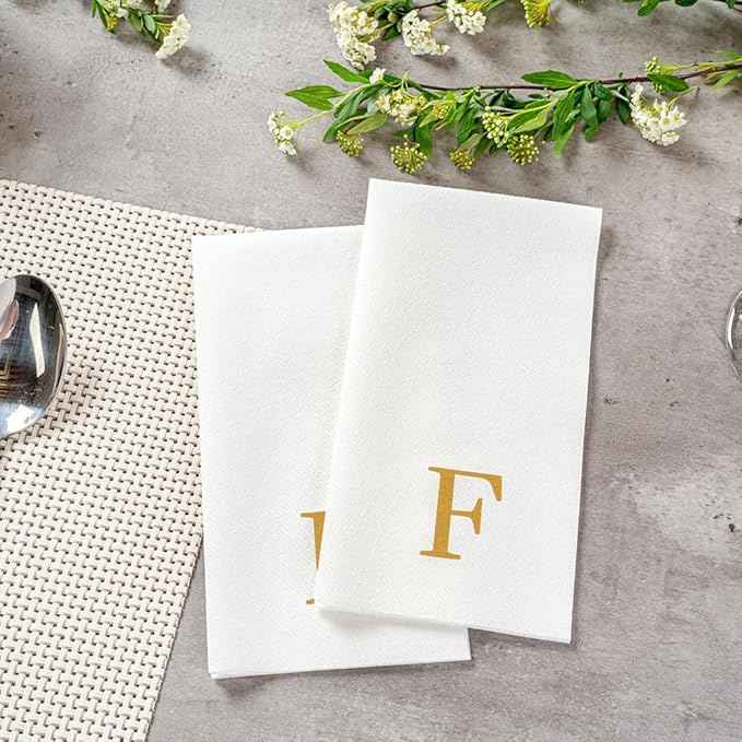 Luxenap 15.8 X 7.9 Inch Linen-Feel Guest Towels, 50 Lettered Hand Towels - Gold Letter 'F', Sans Serif Font, White Paper Dinner Napkins, airlaid, For Restrooms And Tables - Restaurantware