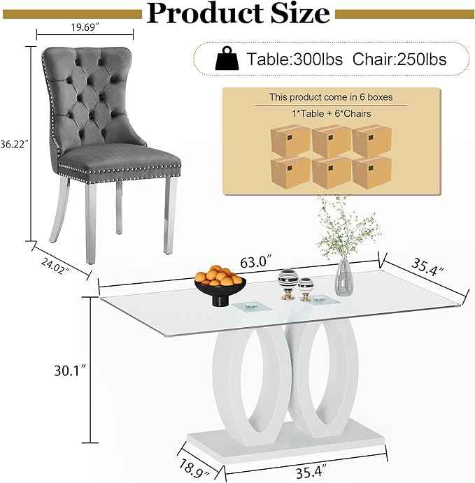 63" Glass Dining Table Set for 6, 7-Piece Rectangular Kitchen Table with Tempered Glass Top, White Double O-Shaped MDF Base, and 6 Grey Velvet Upholstered Chairs for Dining Room, Living Room, Office