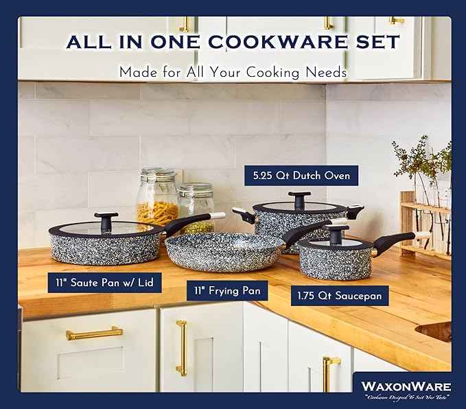 Waxonware 7pc Nonstick Cookware Set, Granite Pots and Pans Set Nonstick - Dishwasher Safe and 100% PFOA & PTFE Free - Kitchen Pot and pan set - Stonetec Series