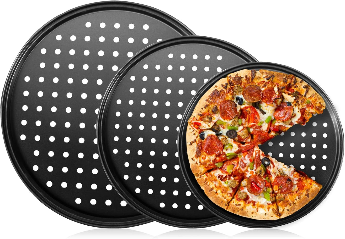 Baking Steel Pizza Pan with Holes, Round Pizza Pan for Oven, 9 Inch, 11 Inch, 12 Inch Bakeware Pizza Tray, Nonstick Baking Supplies Home Kitchen Steel Crisper Pizza Pan Set (3 Pcs) - HomeSpice