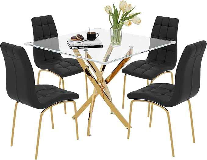 5 Piece Square Glass Dining Table Set, Round Tempered Glass Kitchen Table for 4, Modern Table with 4 High-Back Upholstered Chairs for Kitchen Dining Room (Gold Legs, 4 Black Chairs)