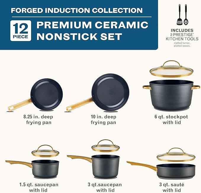 Farberware Forged Induction Ceramic Nonstick Pots and Pans Set with Lids and Kitchen Cooking Tools - Dishwasher Safe, Suitable for All Stovetops, 12 Piece Cookware Set - Black and Gold