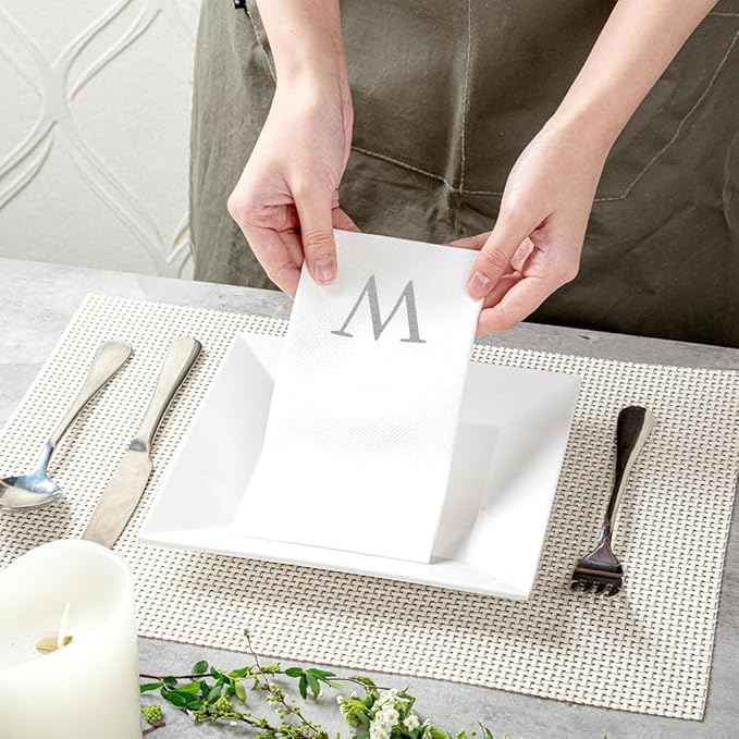Luxenap 15.8 X 7.9 Inch Linen-Feel Guest Towels, 50 Lettered Hand Towels - Silver Letter 'W', Sans Serif Font, White Paper Dinner Napkins, airlaid, For Restrooms And Tables - Restaurantware
