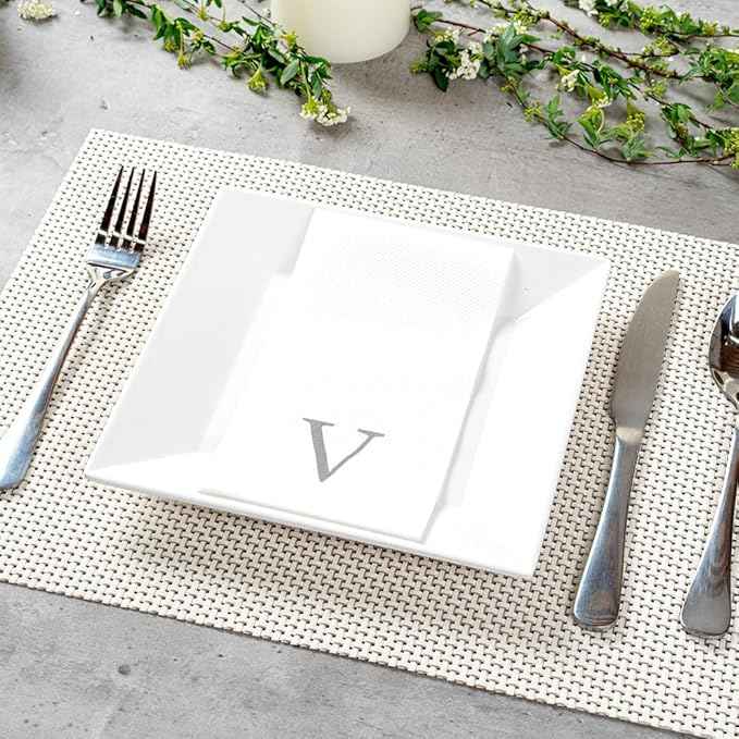 Luxenap 15.8 X 7.9 Inch Linen-Feel Guest Towels, 2000 Lettered Hand Towels - Silver Letter 'V', Sans Serif Font, White Paper Dinner Napkins, airlaid, For Restrooms And Tables - Restaurantware
