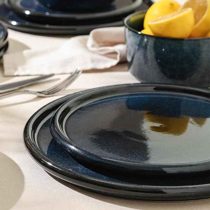 Stone Lain Eden 12-Piece Dinnerware Set Stoneware, Plates and Bowls Set, Dishwasher and Microwave Safe Dish, Dish Set for 4, Dark Blue