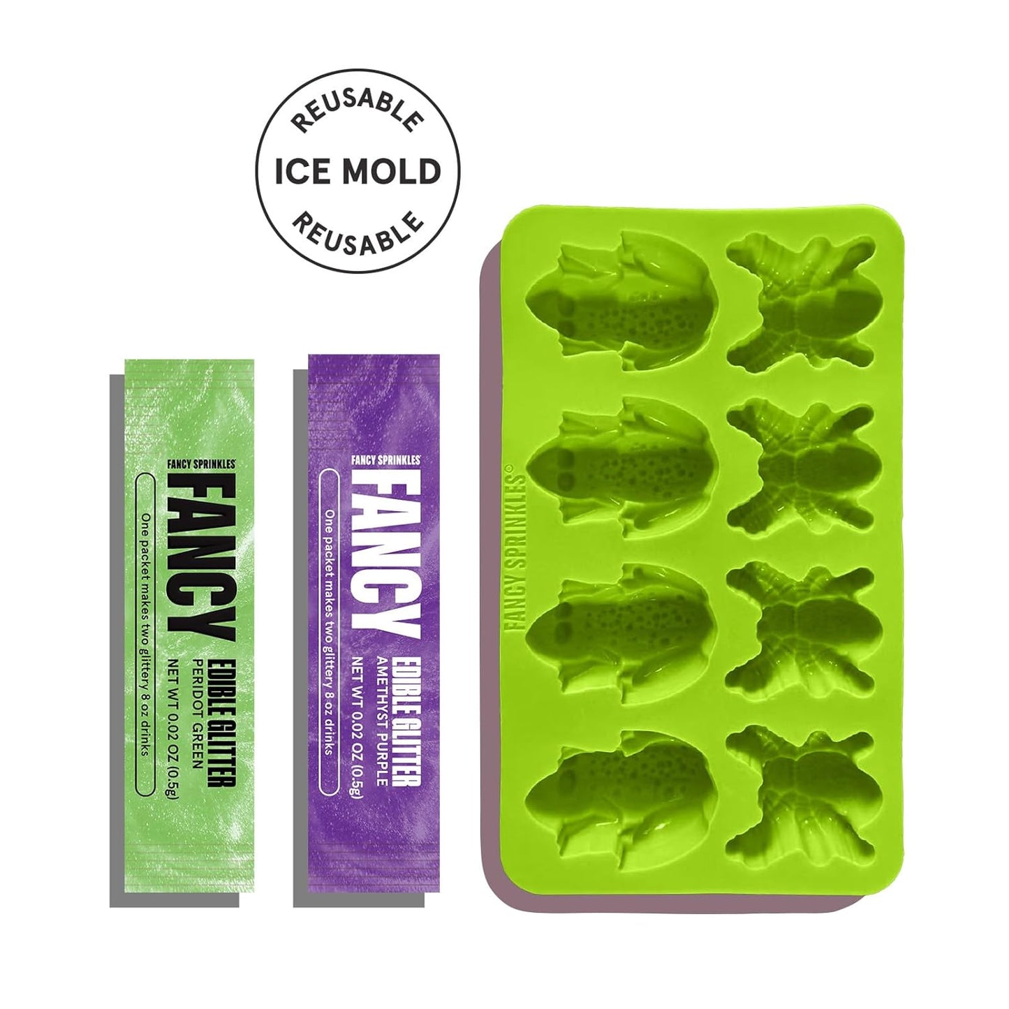Fancy Sprinkles Limited Edition Halloween Poisonous Pals Glitter Ice Decorating Kit For Halloween Celebrations with Reusable Silicone Mold of Both Frogs and Spiders, and Two Colors of Edible Glitter