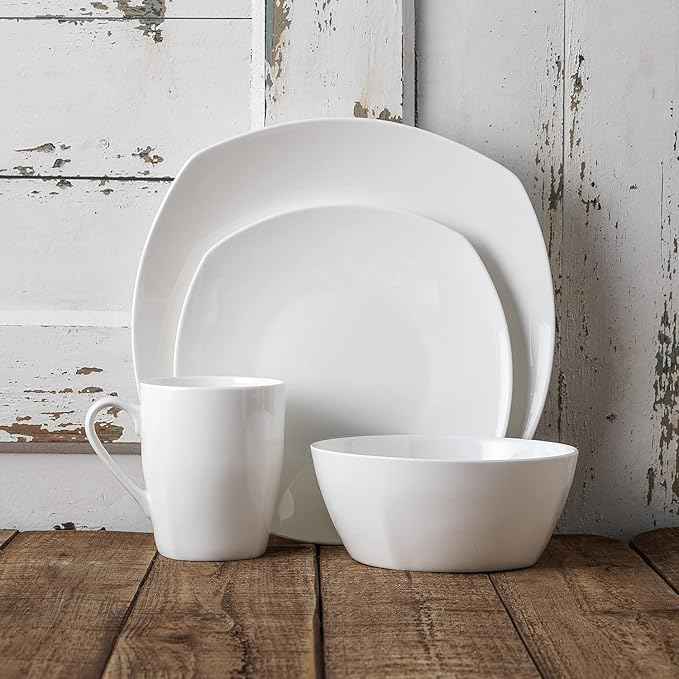 Stone Lain Bone China Soft Square 16 Piece Dinnerware Set, White