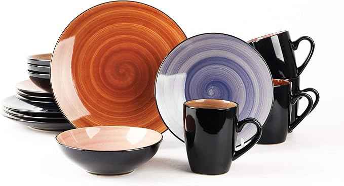 16-Piece Dinnerware Set - Serves 4, Black and Speckled Purple Plates & Bowls Set | Microwave & Dishwasher Safe Mix Cobalt, Mocha, Rose, Spice