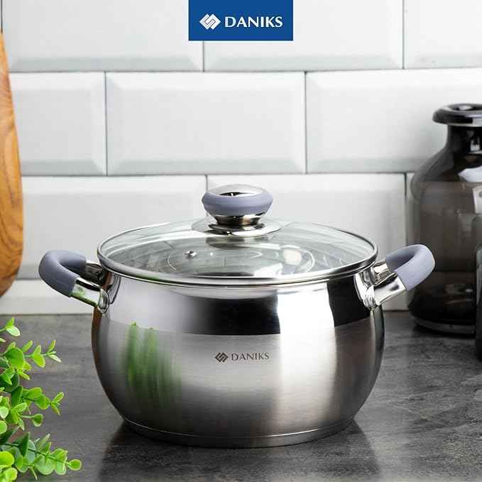 Daniks Modern 4 Quart Stainless Steel Stock Pot with Glass Lid, Tri-Ply Bottom for Even Heating, Induction Compatible, Dishwasher Safe, Heatproof Handles