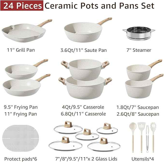 24-Piece Pots and Pans Set Non Stick, Titanium-Reinforced Ceramic Cookware Set, Long-Lasting Nonstick,Non Toxic PFAS-Free, Induction Compatible, Complete Kitchen Set for Everyday Cooking