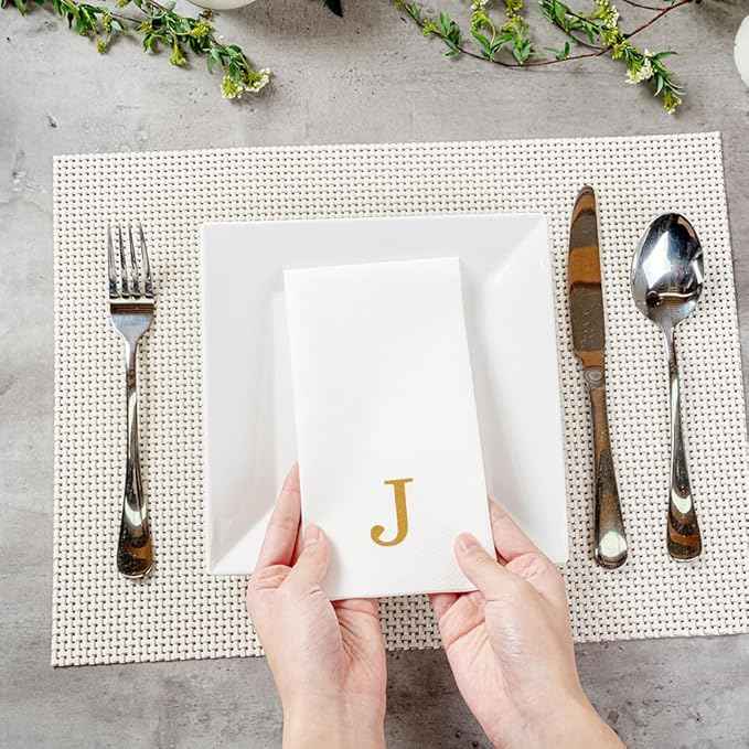 Luxenap 15.8 X 7.9 Inch Linen-Feel Guest Towels, 2000 Lettered Hand Towels - Gold Letter 'J', Sans Serif Font, White Paper Dinner Napkins, airlaid, For Restrooms And Tables
