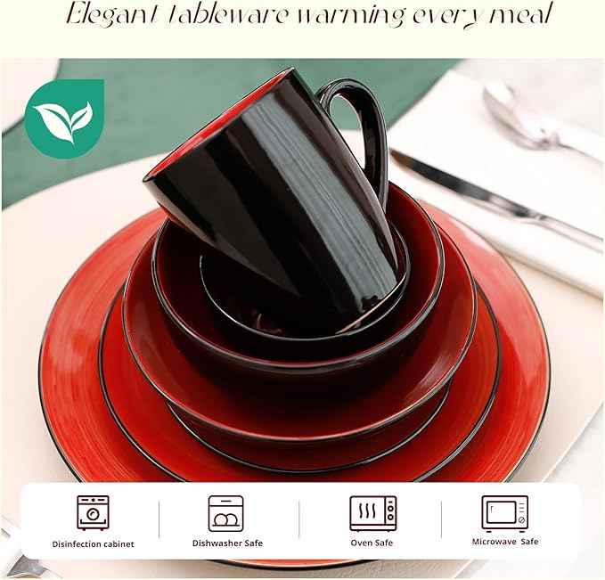 Stoneware Sonoma 56pc Dinnerware Set, Black + Speckled Spin Wash Red