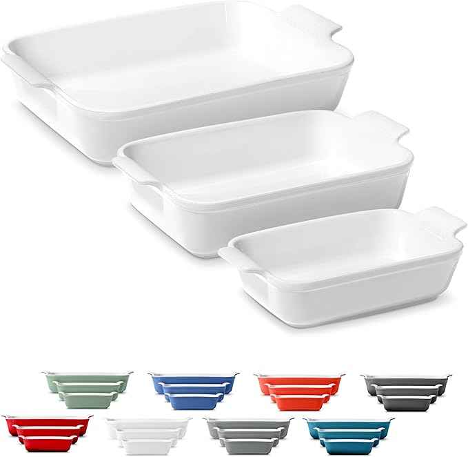 Stoneware Casserole Dish Bakeware Set of 3 | Rectangular Dinnerware Set with Handles [Glossy White]