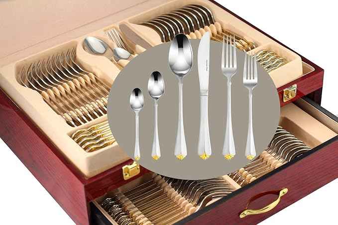 Venezia Collection Gold Flatware Serving Set for 12, 75-Pc Luxury Dining Silverware Cutlery Service, 24 Kt 18/10 Premium Surgical Stainless Steel Hostess Set in a Wooden Storage Case Chest