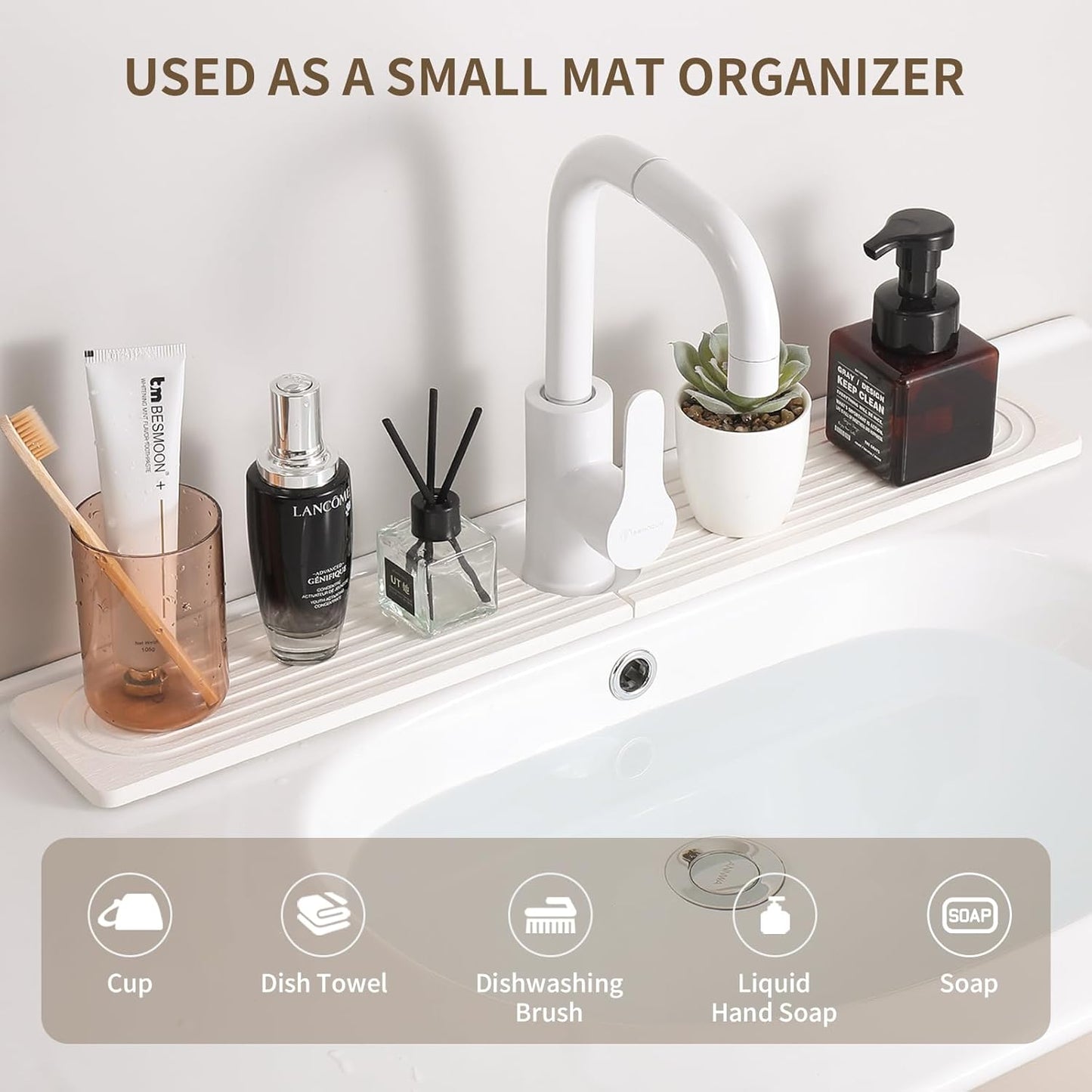 Faucet Mat for Kitchen Sink, Diatomite Stone Drying Sink Protectors, Bathroom Faucet Splash Guard, Quick Dry Water Absorbing, Non-Slip Stone Tray for Kitchen Counter, White, 20" x 3.9" - HomeSpice