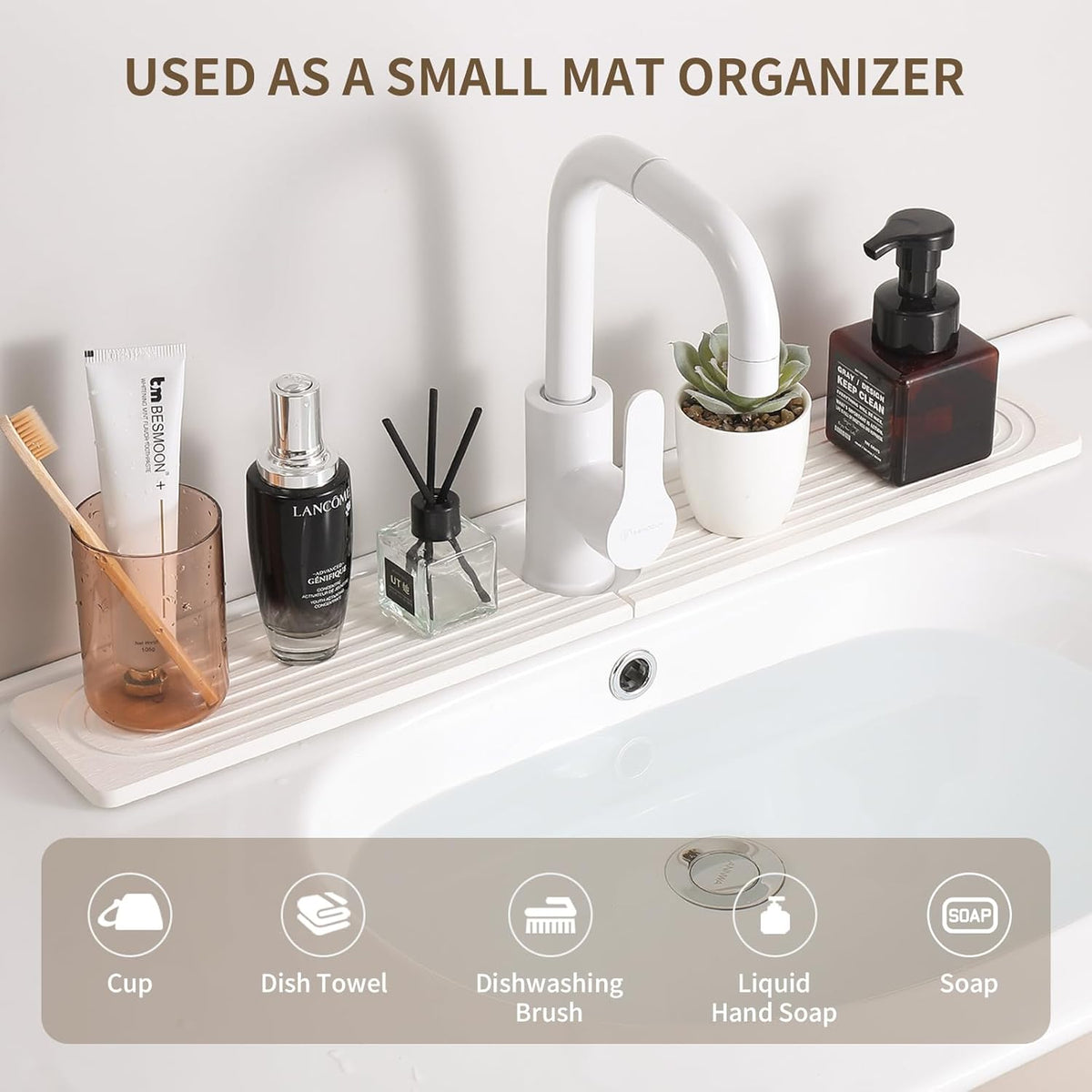 Faucet Mat for Kitchen Sink, Diatomite Stone Drying Sink Protectors, Bathroom Faucet Splash Guard, Quick Dry Water Absorbing, Non-Slip Stone Tray for Kitchen Counter, White, 20" x 3.9" - HomeSpice