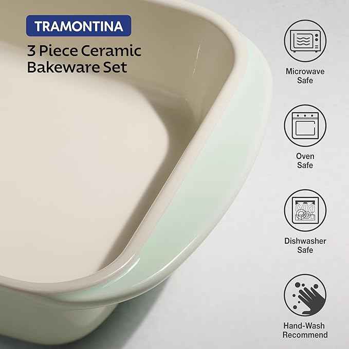 Tramontina Mae 3-Piece Ceramic Porcelain Baking Pans Set, Non Stick Casserole Dishes for Oven, Rectangular Bakeware for Lasagna, Cakes and Loafs (Mint)