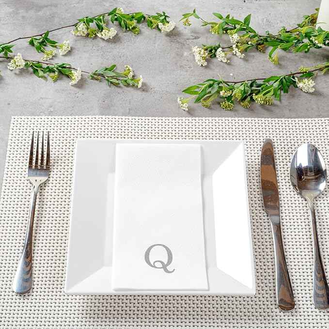 Luxenap 15.8 X 7.9 Inch Linen-Feel Guest Towels, 2000 Lettered Hand Towels - Silver Letter 'Q', Sans Serif Font, White Paper Dinner Napkins, airlaid, For Restrooms And Tables - Restaurantware