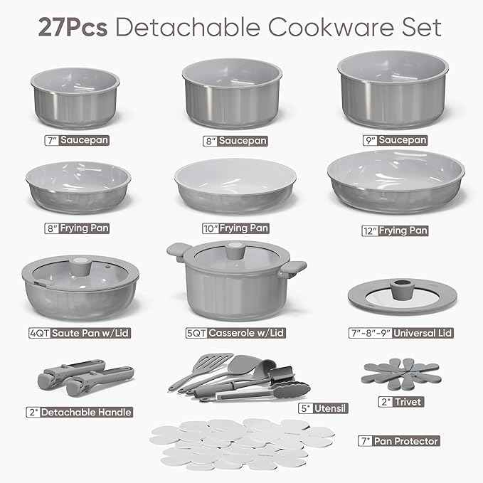 CAROTE 27pcs Ceramic Cookware Set Nonstick, Pots and Pans Set Non Stick, Non Toxic Cookware Detachable Handles, Dishwasher/Oven Safe, RV/Camping Cookware, Pan and Pot with Kitchen Utensils, Dark Gray