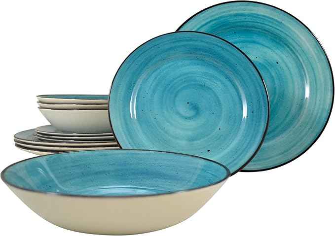Tudor Royal 12-Piece Porcelain Round Dinnerware Set, Service for 4, COSMICSTONE Design, Plates Bowls Dishes, Premium Quality Tableware, Unique Pattern, Glossy