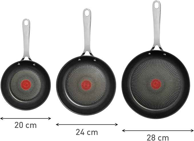 T-Fal Jamie Oliver Cooks Direct, Stainless Steel Non-stick Frying Pan 3 Pcs Set (20/24/28cm) (8/9/11 Inches) with Induction