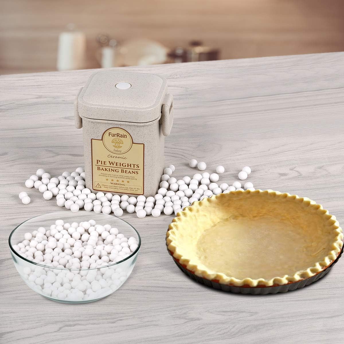 Ceramic Pie Weights Reusable 10mm Baking Beans Pie Crust Weights Natural Ceramic Stoneware with Wheat Straw Container - HomeSpice