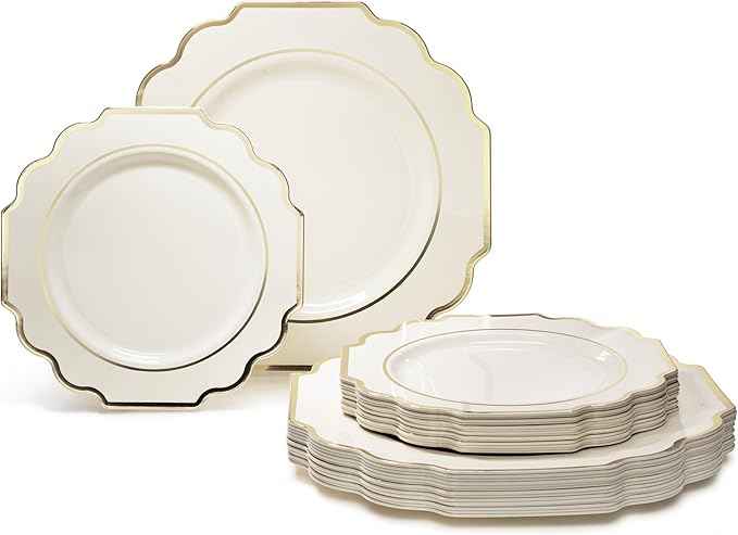 " OCCASIONS " 200 Piece set (25 Guests)-Wedding Plastic Plates & cutlery -Disposable heavyweight Dinnerware 10.5'', 8'' + Silverware + Cups + Napkins (Imperial Ivory & Gold)