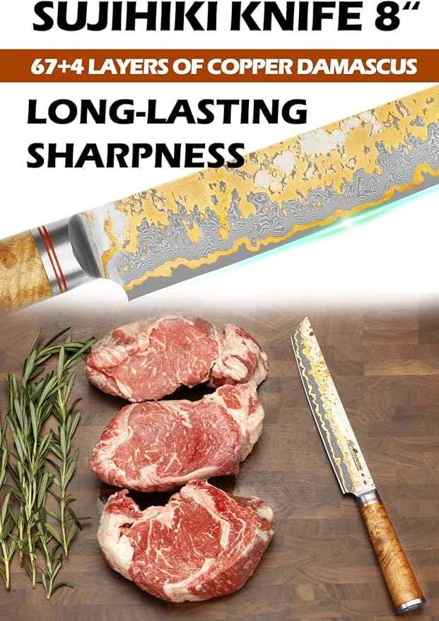 YOUSUNLONG Sashimi Slicing Knife - 8 Inch Sujihiki Yanagiba Knife - Super Sharp Slice - Japanese Handmade Copper Damascus Steel Blade - Naturel Burl Wooden Handle with Leather