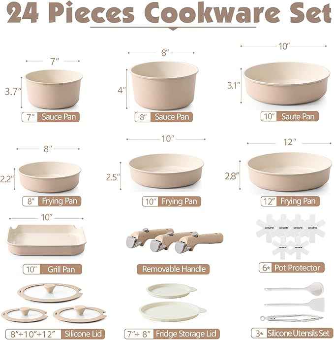 SENSARTE 24 Piece Ceramic Pots and Pans Set, Nonstick Detachable Handle Cookware, Induction Cookware Set with Removable Handle, Healthy Non Stick for RV, Dishwasher＆Oven Safe, PFOA Free (Almond Beige)