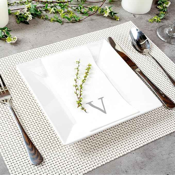 Luxenap 15.8 X 7.9 Inch Linen-Feel Guest Towels, 2000 Lettered Hand Towels - Silver Letter 'V', Sans Serif Font, White Paper Dinner Napkins, airlaid, For Restrooms And Tables - Restaurantware