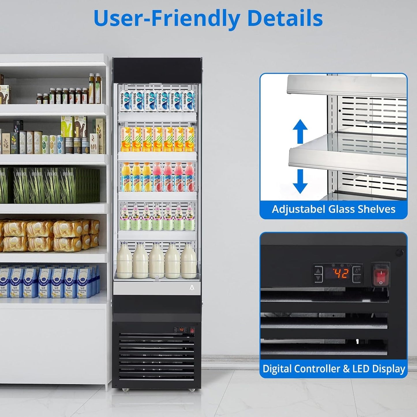 7.77 Cu.Ft. Commercial Display Refrigerator, Countertop Pastry Display Case with Glass Door and Casters, Merchandiser Refrigerator with Adjustable Shelves for Cafe, Restaurant, Store, Bar, Bakery