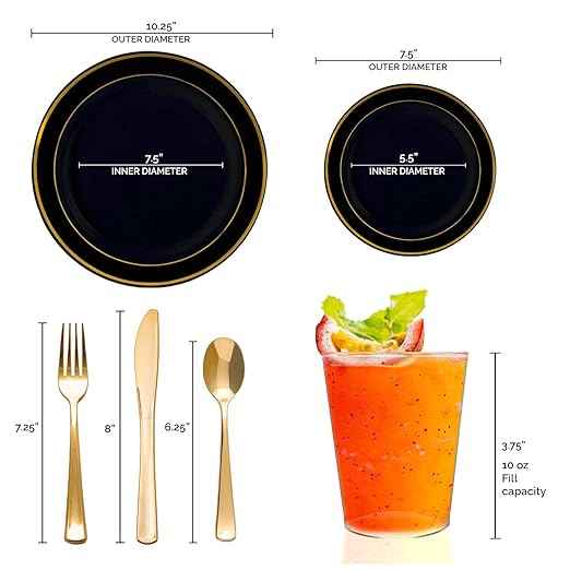 720 PCS Premium Plastic Dinnerware Set for 120 Guests, Black and Gold Rim Plates Disposable Heavy Duty, Including 120 Dinner Plates, 120 Dessert Plates, 120 Cups 10 oz. & 120 Gold Cutlery Set