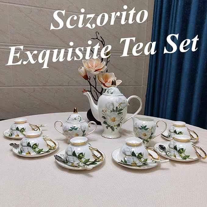 Chinese Bone China Coffee Tea Set, Retro Floral Tea Gift Set, Suitable for Christmas, Father'S Day, Birthday, Halloween Party Gifts (Camellia Tea Set)