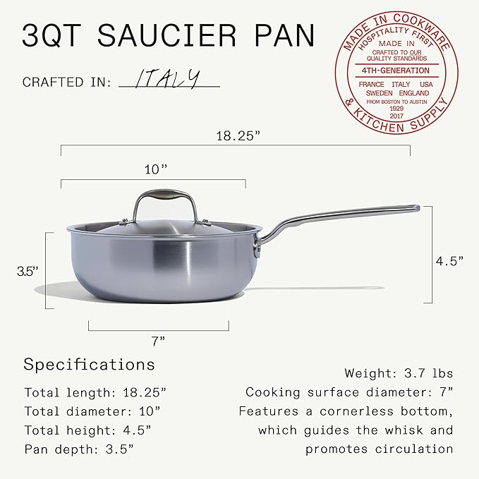 Made In Cookware - 3 Quart Stainless Steel Saucier Pan - 5 Ply Stainless Clad - Professional Cookware - Crafted in Italy - Induction Compatible