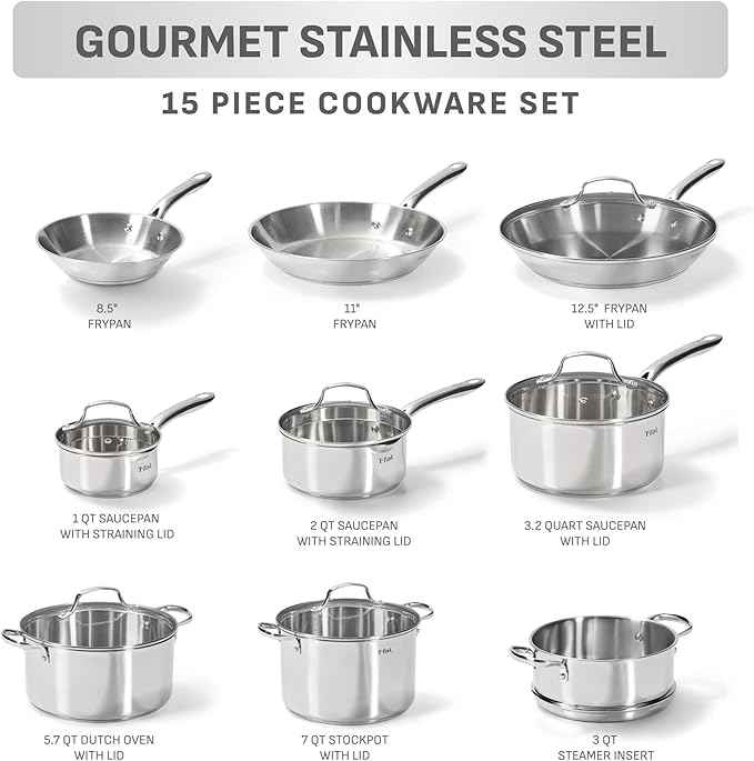 T-fal Gourmet 15-Piece Stainless Steel Cookware Set, Pots and Pans Cooking Set, Dishwasher Safe, Oven Safe to 500°F, Induction Compatible, Stock Pot, Sauce, Saute, Frying Pans, Silver