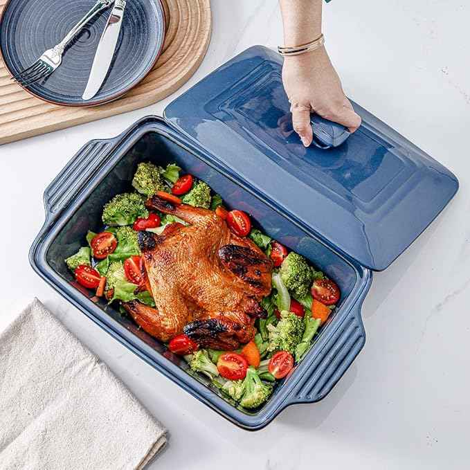 HVH Ceramic Casserole Dish with Lid Oven Safe, 3.5 Quart Large Casserole Dish, Covered Rectangular Casserole Dish Set, 9x13 Casserole Dish, Baking Dishes for Casseroles, Farmhouse Style (Blue)