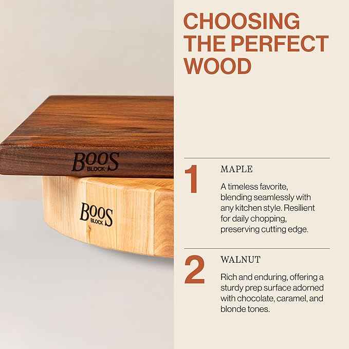 John Boos B Series Square Wooden Maple Cutting Board 12”x12” – 1.5” Thick, 6-lb Non-Reversible Butcher Block with Wood Bun Feet & Edge-Grain
