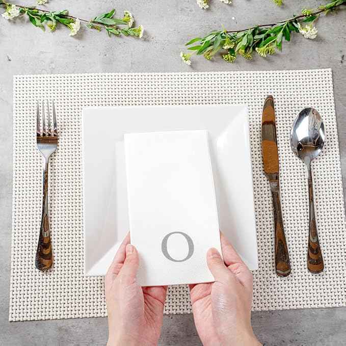 Luxenap 15.8 X 7.9 Inch Linen-Feel Guest Towels, 2000 Lettered Hand Towels - Silver Letter 'O', Sans Serif Font, White Paper Dinner Napkins, airlaid, For Restrooms And Tables - Restaurantware