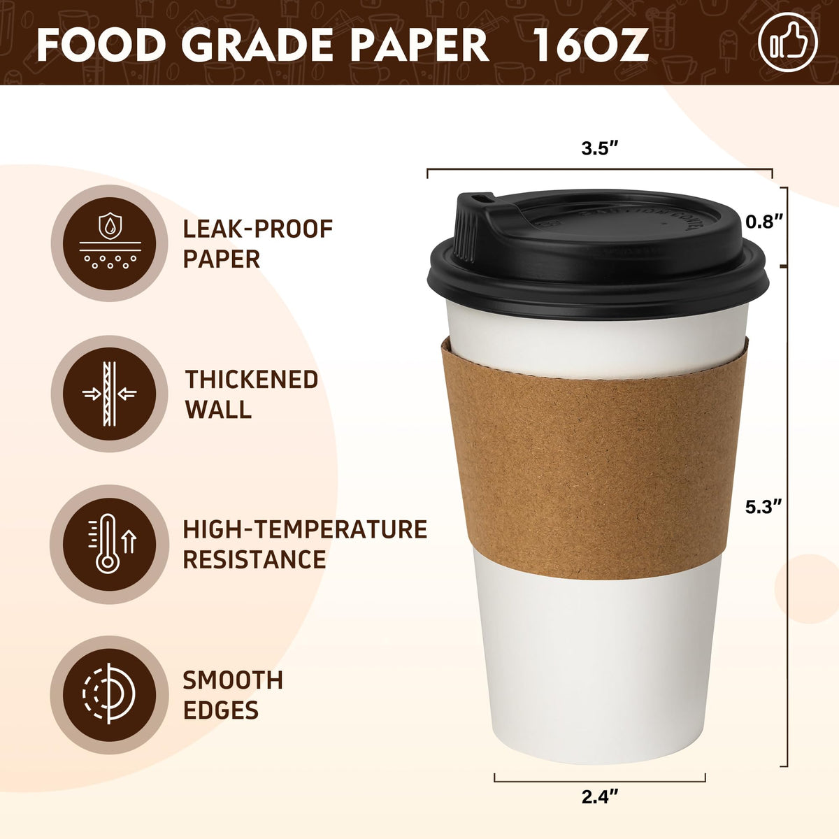 16 oz 500 Pack Disposable Coffee Cups with Lids & Sleeves (White-Kraft Sleeves / 16 oz)