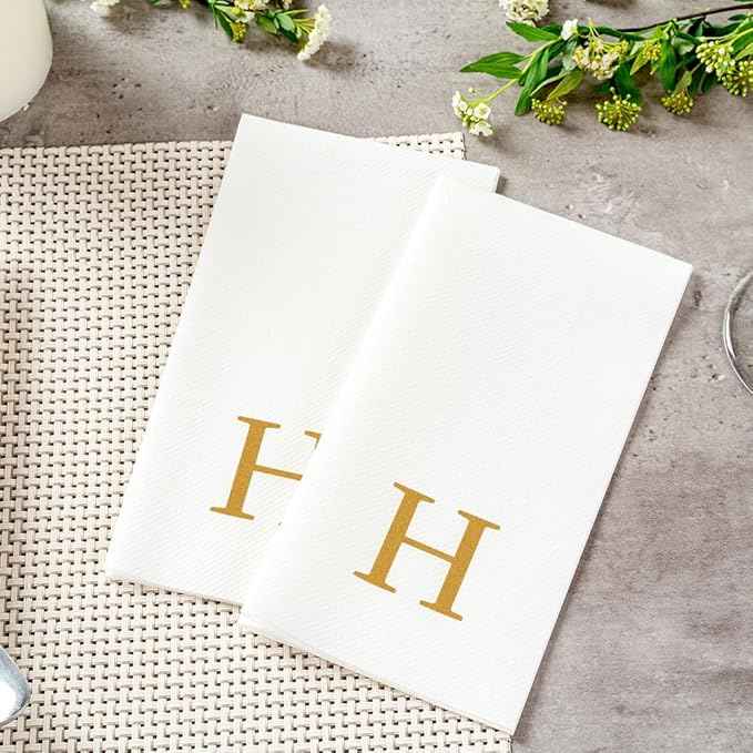 Luxenap 15.8 X 7.9 Inch Linen-Feel Guest Towels, 50 Lettered Hand Towels - Gold Letter 'H', Sans Serif Font, White Paper Dinner Napkins, airlaid, For Restrooms And Tables - Restaurantware