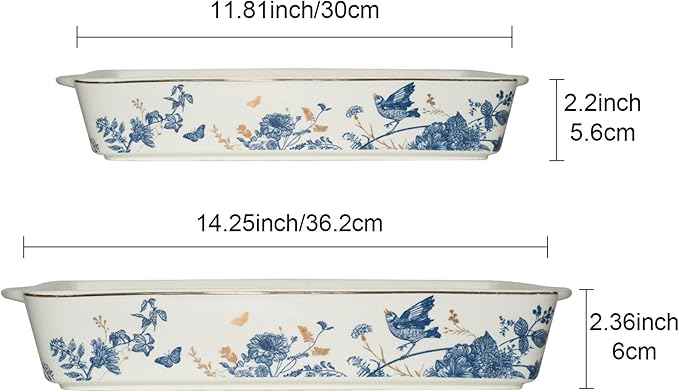 Baking Pans Set of 2 Blue flower 14 inch Ceramic for Oven Large Casserole Baking Dish Set with Handles Porcelain Bakeware Sets Casserole Dish for Oven/Cooking/Kitchen/Cake Dinner/Turkey/Pumpkin/Thanksgiving Holiday Gifts