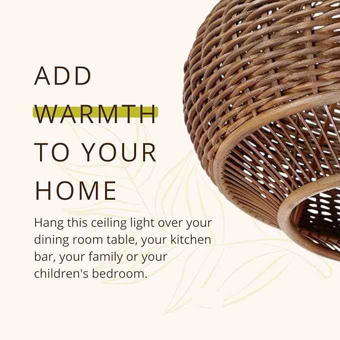 KOUBOO Wicker Pear Pendant Lamp Wicker & Bamboo Ball Pendant Light - Hanging Lamp for Kitchen, Bedroom, Dining Room, 18 inches x 15 inches, Brown
